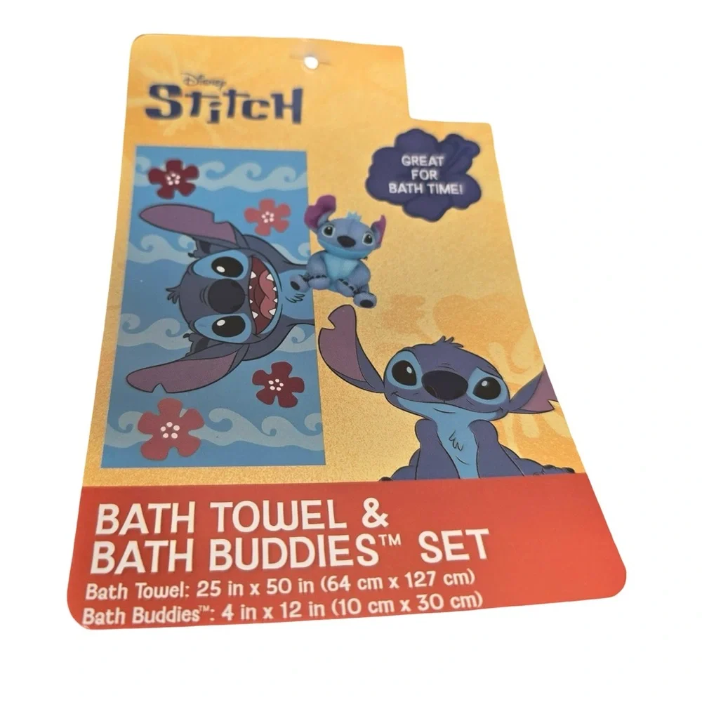 Disney Stitch Bath Towel & Bath‎ Buddies Set Plush Toy Blue Kids